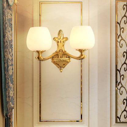 Vivolux | Kegelvormige ivoorkleurige glazen wandlamp vintage 1/2-bol slaapkamer wandverlichtingsarmatuur in goud