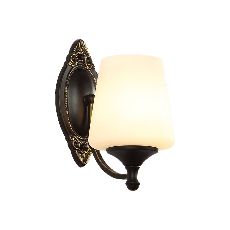 Vivolux | Retro Conical Wandleuchte 1/2-Licht Weißes Glas Wandmontierte Leuchte mit Metallgebogenem Arm in Schwarz