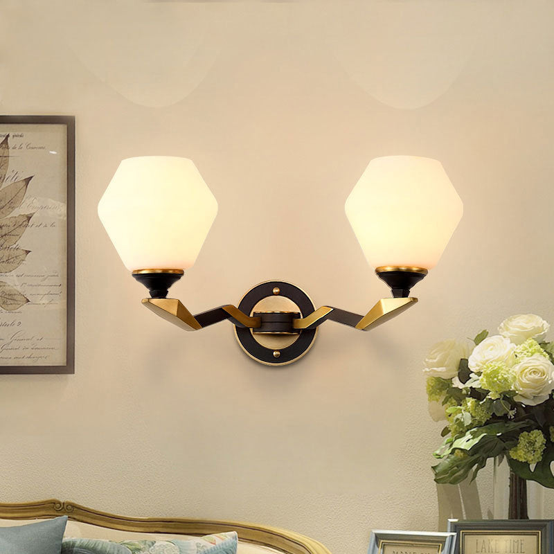 Vivolux | Zwart-Goud 1/2-Licht Wandlamp Antiek Ivoor Glas Geometrische Wandlichten met Gebogen Arm voor Slaapkamer