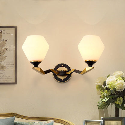 Vivolux | Zwart-Goud 1/2-Licht Wandlamp Antiek Ivoor Glas Geometrische Wandlichten met Gebogen Arm voor Slaapkamer