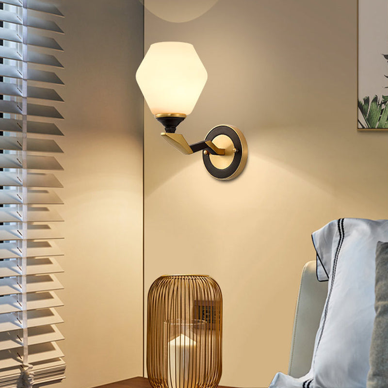 Vivolux | Zwart-Goud 1/2-Licht Wandlamp Antiek Ivoor Glas Geometrische Wandlichten met Gebogen Arm voor Slaapkamer