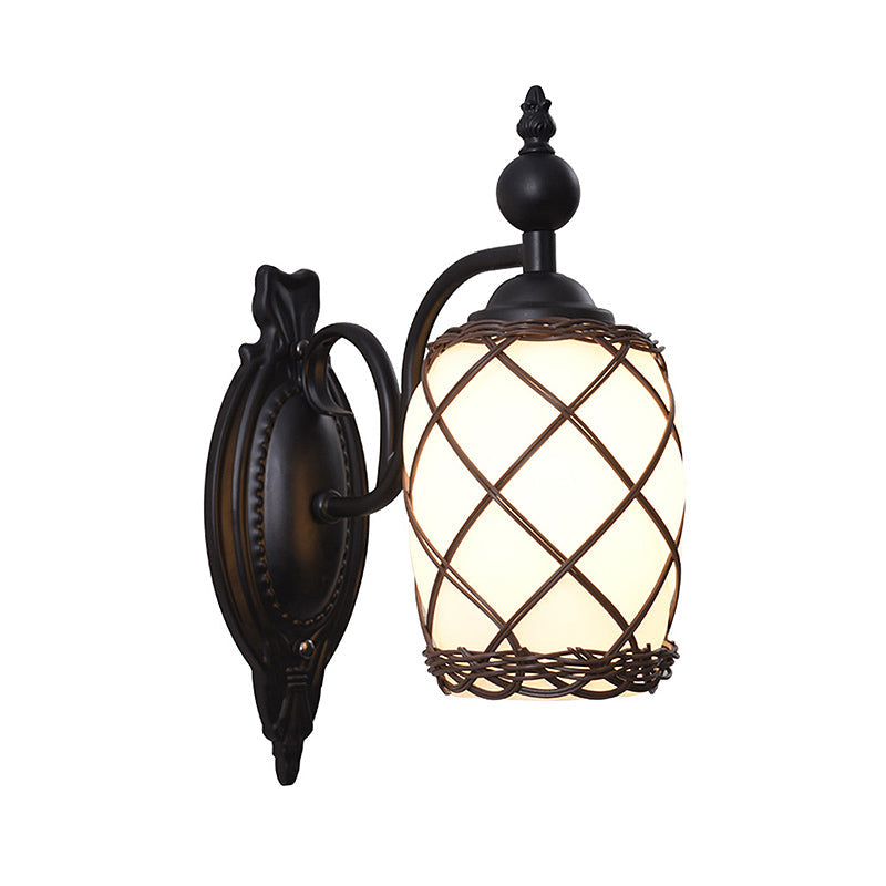 Vivolux | Zylinder Creme Glas Wandlamp Traditionelle 1 Licht Schlafzimmer Wandlampe mit Bambusgewebe Schirm in Schwarz