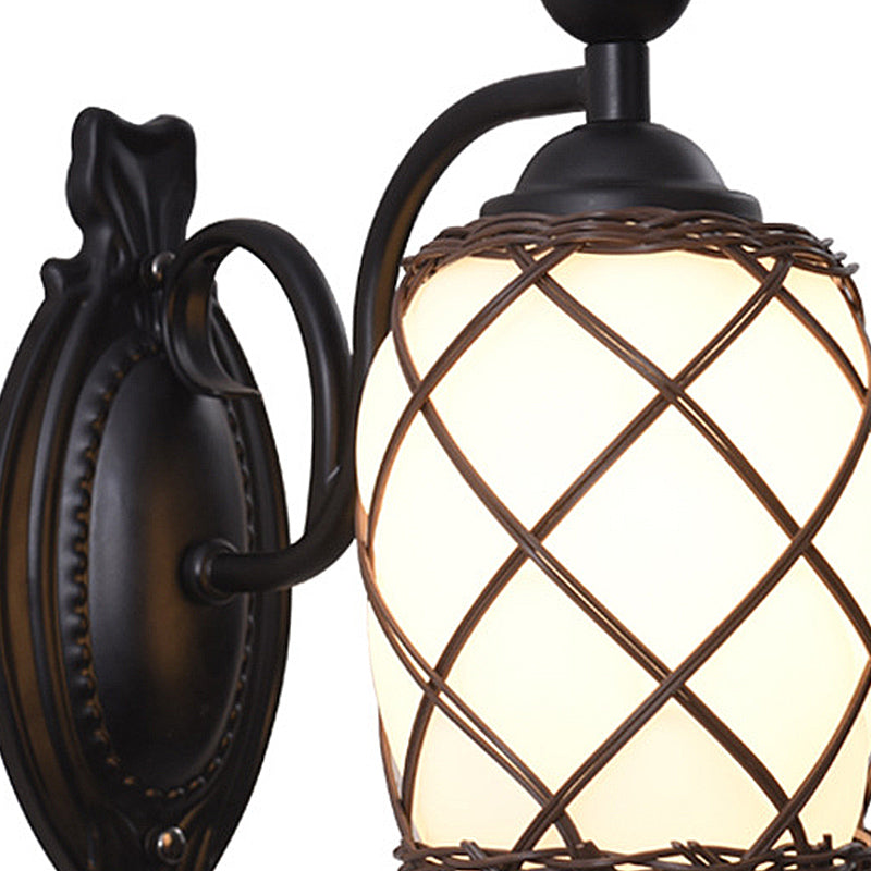 Vivolux | Zylinder Creme Glas Wandlamp Traditionelle 1 Licht Schlafzimmer Wandlampe mit Bambusgewebe Schirm in Schwarz