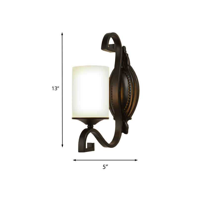 Vivolux | Schwarze zylindrische Wandleuchte Vintage-Stil Metall 1-Licht Studie Wandlampe mit weißem Glasschirm