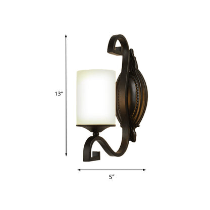 Vivolux | Schwarze zylindrische Wandleuchte Vintage-Stil Metall 1-Licht Studie Wandlampe mit weißem Glasschirm