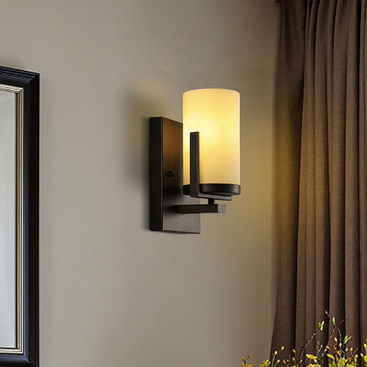 Vivolux | Opal Glas Zwarte Wandlamp Cilinder 1-Licht Moderne Wandmontage Verlichtingsarmatuur met Vierkante Achterplaat voor Voordeur