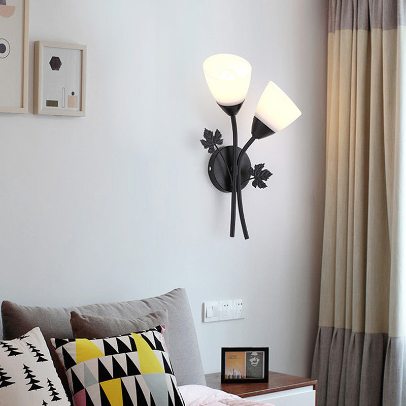 Vivolux | Frosted Glass Bowl Sconce Zeitgenössisch 1/2-Light Flur Wandmontage Leuchte mit blattförmiger Dekoration in Schwarz/Gold