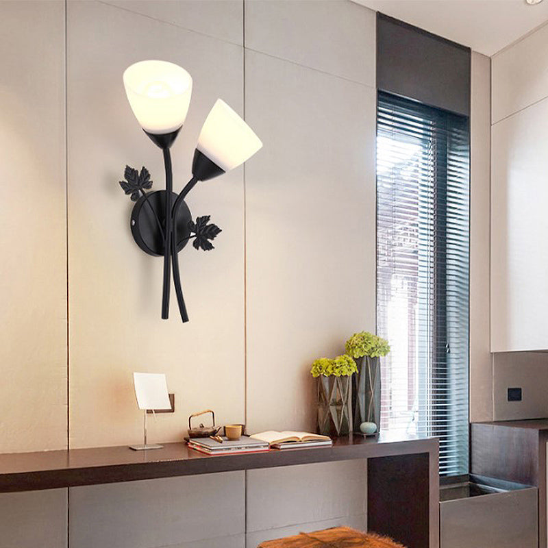 Vivolux | Frosted Glass Bowl Sconce Zeitgenössisch 1/2-Light Flur Wandmontage Leuchte mit blattförmiger Dekoration in Schwarz/Gold