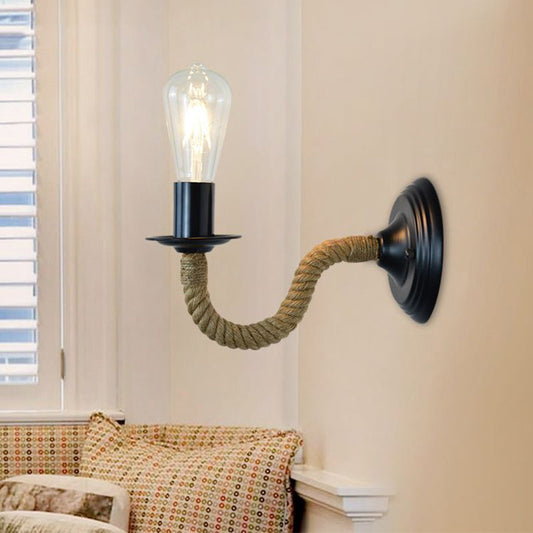 Vivolux | Traditionele Eenvoudige Peertje Wandlamp 1-Licht Metaal Muurlamp met Touw Gewikkelde Arm in Zwart
