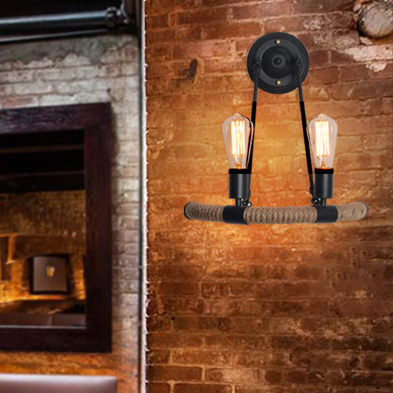 Vivolux | Expose Bulb Metalen Wandlamp Vintage 2-Lichts Porch Wand Sconces Verlichting met Touw Geweven Arm in Zwart
