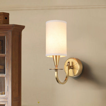 Vivolux | Messing Zylinder Wandleuchte Retro Stoffschirm 1/2-Licht Schlafzimmer Wandlampe mit Metallbogenarm
