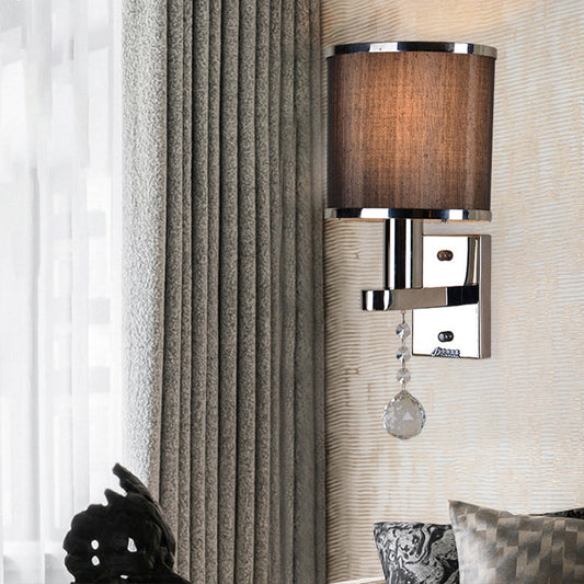 Vivolux | Traditionale Zylinder Wandleuchte 1-Licht Stoff Wandleuchte mit Kristallakzent in Chrom für das Schlafzimmer