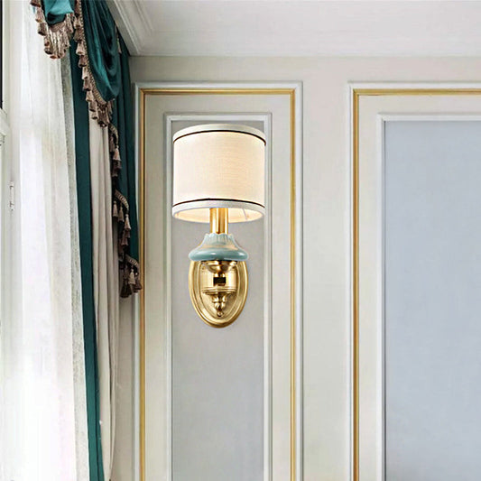 Vivolux | Retro cilindrische wandlamp 1/2-licht stoffen wandlamp met porseleinen kap in goud voor porch