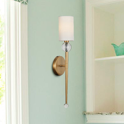 Vivolux | Stoff Zylindrische Wandmontage Licht Modern 1 Glühbirne Wohnzimmer Wandleuchte mit klarem Kristallakzent in Gold