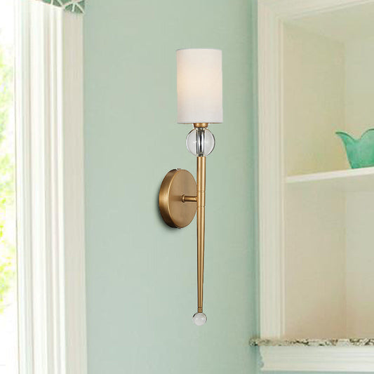 Vivolux | Stoff Zylindrische Wandmontage Licht Modern 1 Glühbirne Wohnzimmer Wandleuchte mit klarem Kristallakzent in Gold