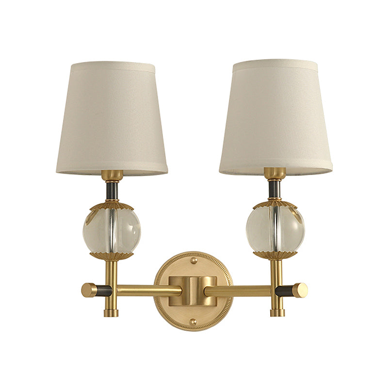 Vivolux | Gold konische wandmontage lamp traditionele witte stof 1/2 hoofden entree wandlamp met kristallen bal