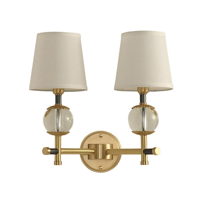 Vivolux | Gold konische wandmontage lamp traditionele witte stof 1/2 hoofden entree wandlamp met kristallen bal