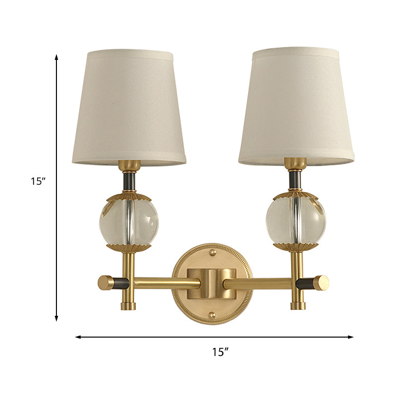 Vivolux | Gold konische wandmontage lamp traditionele witte stof 1/2 hoofden entree wandlamp met kristallen bal