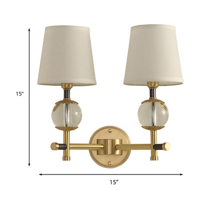 Vivolux | Gold konische wandmontage lamp traditionele witte stof 1/2 hoofden entree wandlamp met kristallen bal
