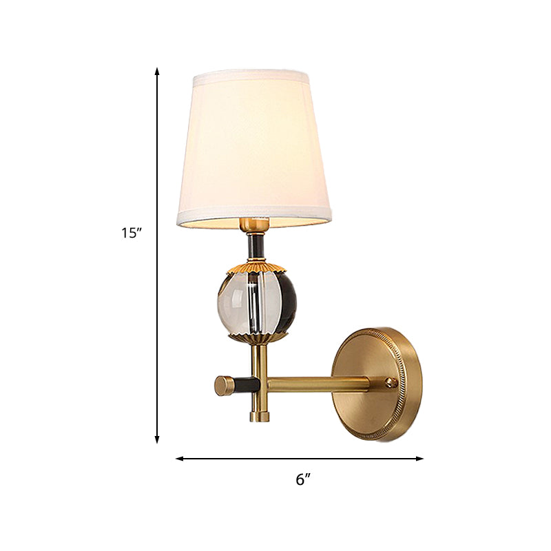 Vivolux | Gold konische wandmontage lamp traditionele witte stof 1/2 hoofden entree wandlamp met kristallen bal