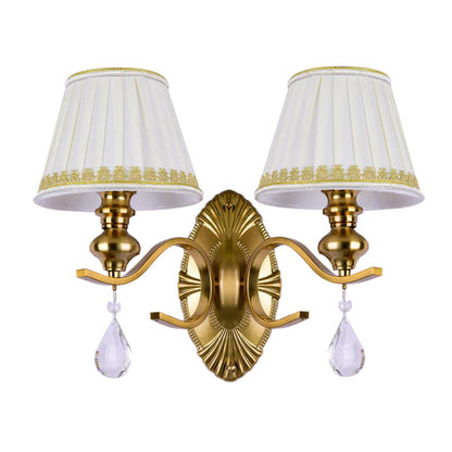 Vivolux | Stof Gouden Wandlamp Verzamelde Empire Lampenkap 1/2-Licht Vintage Wandmontage Verlichtingsarmatuur met Duidelijke Kristallen Druppel