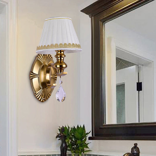 Vivolux | Stof Gouden Wandlamp Verzamelde Empire Lampenkap 1/2-Licht Vintage Wandmontage Verlichtingsarmatuur met Duidelijke Kristallen Druppel