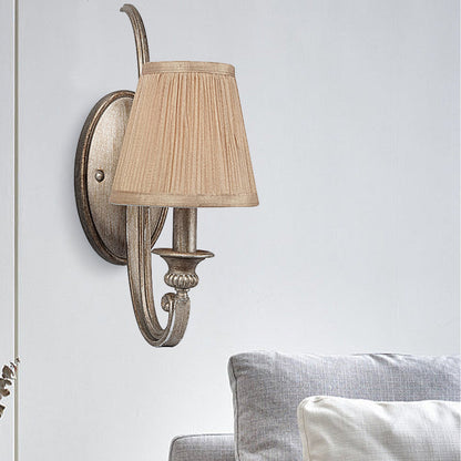 Vivolux | 1-Kop Geplooide Schaduw Wandlamp Traditionele Tan Stoffen Wandmontage Licht voor Woonkamer