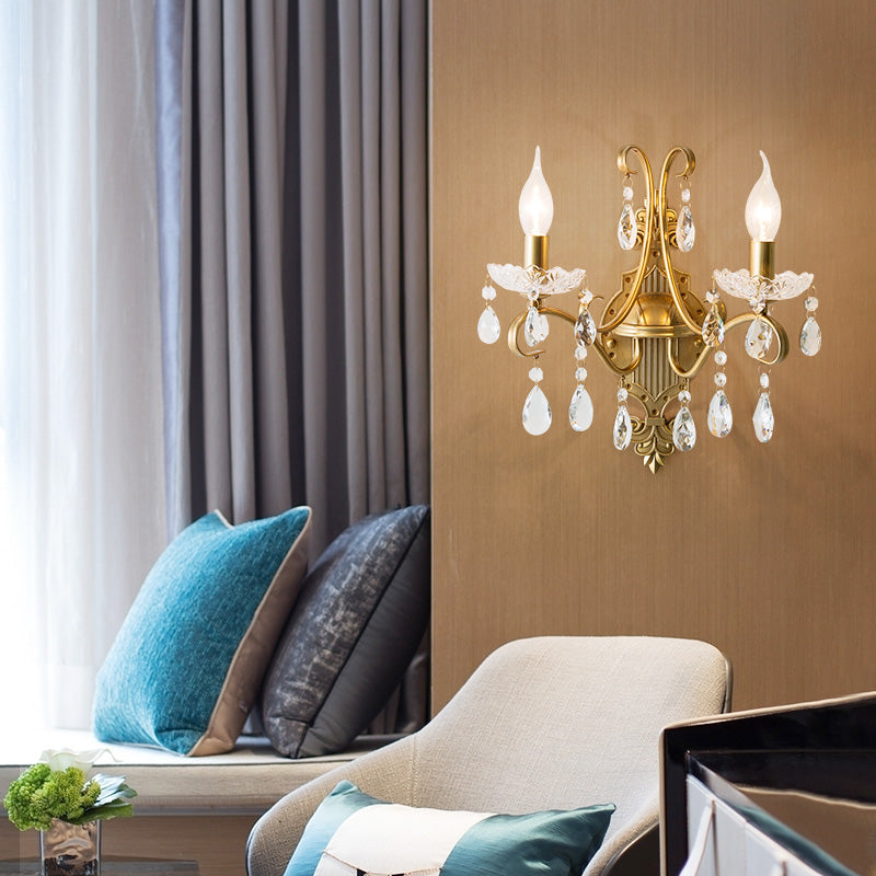 Vivolux | 1/2 Licht Metallene Wandlampe Vintage Gold Kerze Wohnzimmer Wandleuchte Beleuchtung Armatur mit Kristall Drapierung