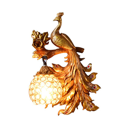 Vivolux | Pauw Slaapkamer Wandlamp Fixture Land Hars 1 Licht Groen/Goud Wandlamp met Orb Kristallen Schaduw, Links/Rechts