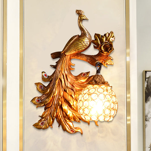 Vivolux | Pauw Slaapkamer Wandlamp Fixture Land Hars 1 Licht Groen/Goud Wandlamp met Orb Kristallen Schaduw, Links/Rechts