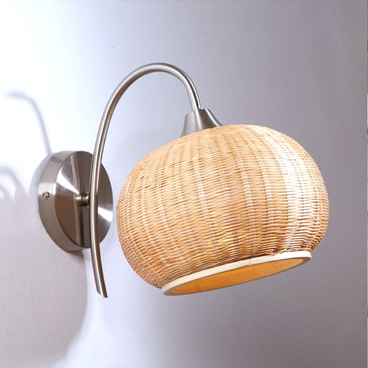 Vivolux | Rieten Ronde Trommel Wandlamp Moderne Stijl 1 Licht Chrome Afwerking Wandlamp met Metalen Gebogen Arm
