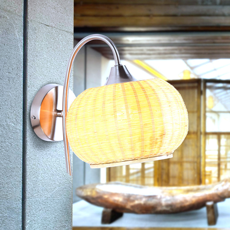 Vivolux | Rieten Ronde Trommel Wandlamp Moderne Stijl 1 Licht Chrome Afwerking Wandlamp met Metalen Gebogen Arm