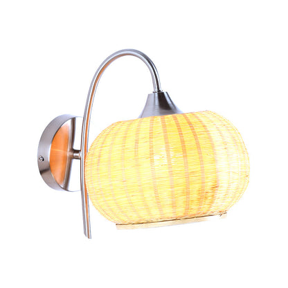 Vivolux | Rieten Ronde Trommel Wandlamp Moderne Stijl 1 Licht Chrome Afwerking Wandlamp met Metalen Gebogen Arm