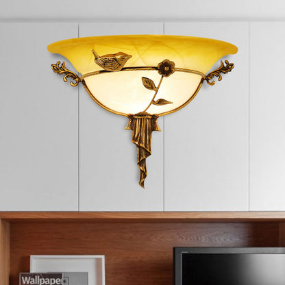 Vivolux | 1 Glühbirne Breite Flare Wandlampe Tradition Weiß/Gelbes Glas Wandleuchte mit Blumen-Deko nach Links/Rechts