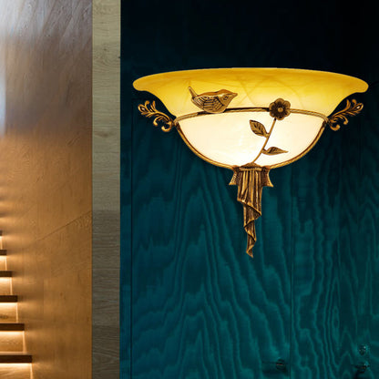 Vivolux | 1 Glühbirne Breite Flare Wandlampe Tradition Weiß/Gelbes Glas Wandleuchte mit Blumen-Deko nach Links/Rechts