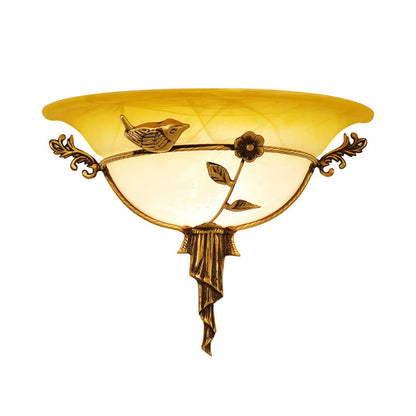 Vivolux | 1 Glühbirne Breite Flare Wandlampe Tradition Weiß/Gelbes Glas Wandleuchte mit Blumen-Deko nach Links/Rechts