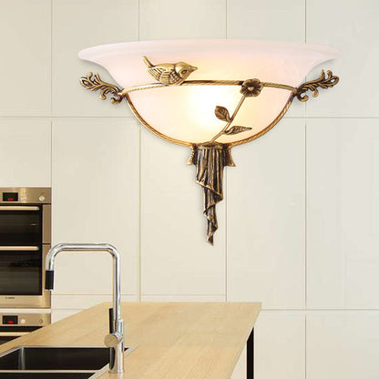 Vivolux | 1 Glühbirne Breite Flare Wandlampe Tradition Weiß/Gelbes Glas Wandleuchte mit Blumen-Deko nach Links/Rechts