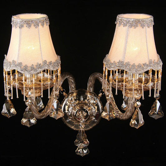 Vivolux | Gelaminateerde stoffen wandlamp armatuur antieke stijl 2-lamps slaapkamer wandstuk met franjes in amber