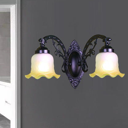 Vivolux | Blumen Wohnzimmer Wandlampe Wandleuchte Vintage-Stil Metall 1/2 Lichter Schwarz/Weiß Wandleuchte mit satiniertem Glasschirm