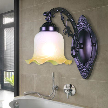 Vivolux | Blumen Wohnzimmer Wandlampe Wandleuchte Vintage-Stil Metall 1/2 Lichter Schwarz/Weiß Wandleuchte mit satiniertem Glasschirm