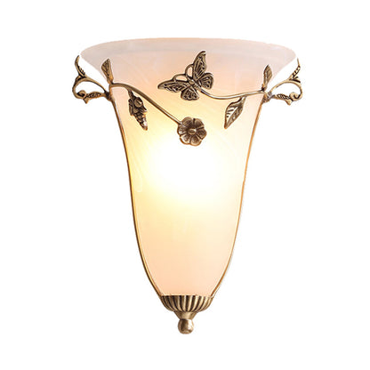 Vivolux | Bell Wandlampe Traditionell Weißes Glas 1 Glühbirne Messing Wandleuchte mit Schmetterling und Blume