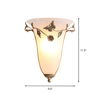 Vivolux | Bell Wandlampe Traditionell Weißes Glas 1 Glühbirne Messing Wandleuchte mit Schmetterling und Blume