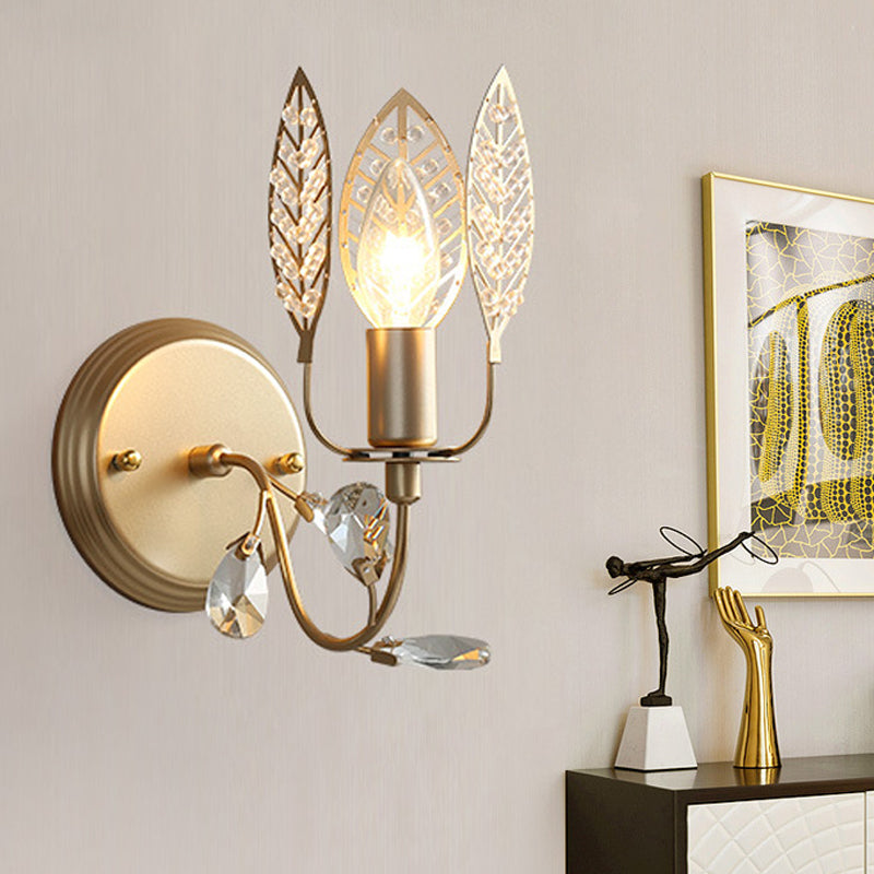 Vivolux | Blatt Metall Wandlampe Tradition 1 Kopf Gold Aufbau Wand Sconce mit Kristallperle für Nachttisch