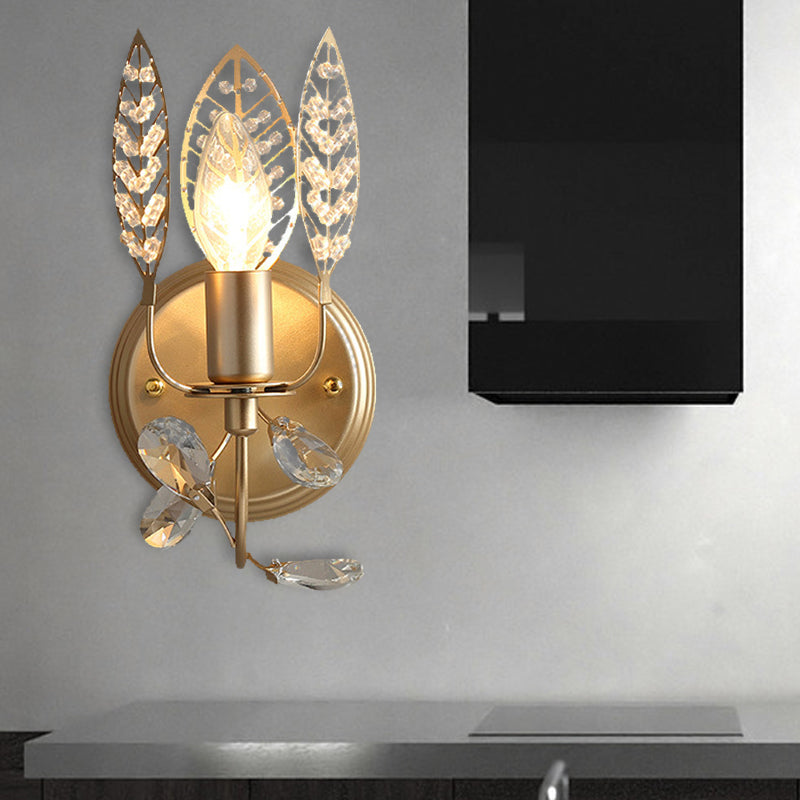 Vivolux | Blatt Metall Wandlampe Tradition 1 Kopf Gold Aufbau Wand Sconce mit Kristallperle für Nachttisch