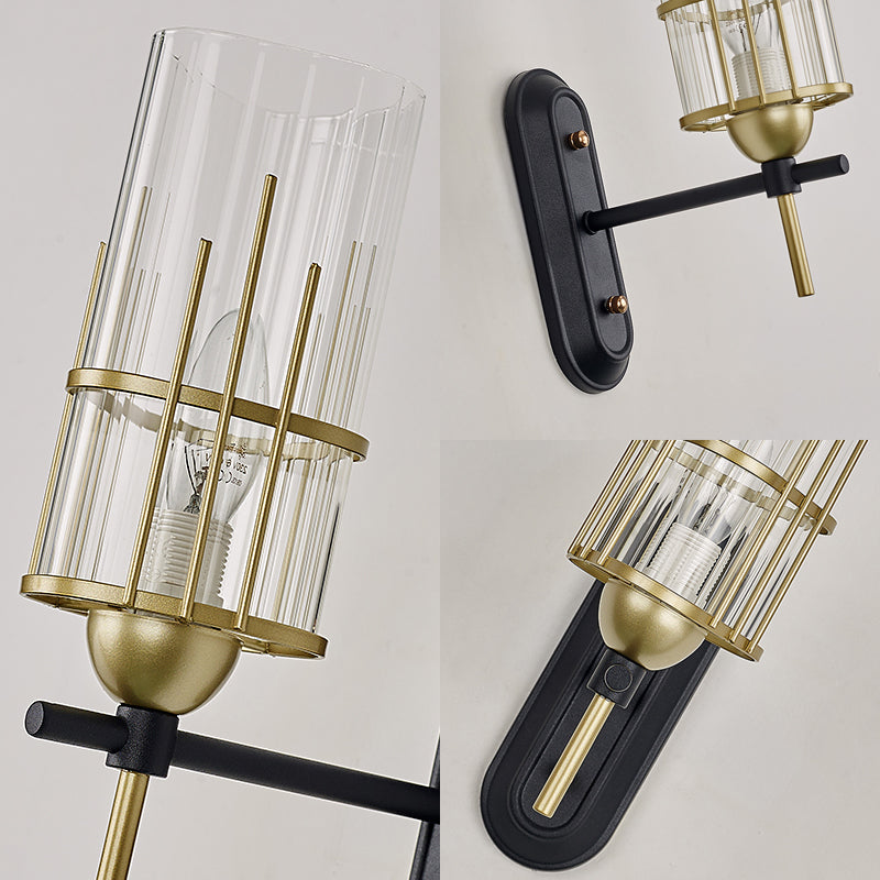 Vivolux | Schwarze Wandlampe Traditionary Metall 1 Kopf Wandmontierte Beleuchtung mit klarem Glaszylinder-Schirm für Nachttische