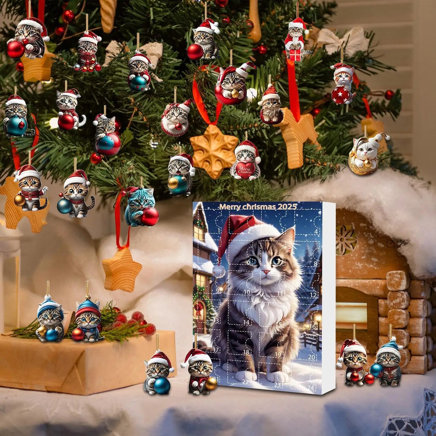 Vivolux | 24-teiliges Katzen-Weihnachtsornament-Set aus strapazierfähigem Acryl zur Dekoration des Adventskalenders