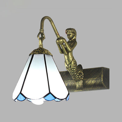 Vivolux | 1 Kopf Badezimmer Wandlicht Leuchte Tiffany Antike Messing Sconces Licht mit Kegel Weiß/Grün Glas Schirm