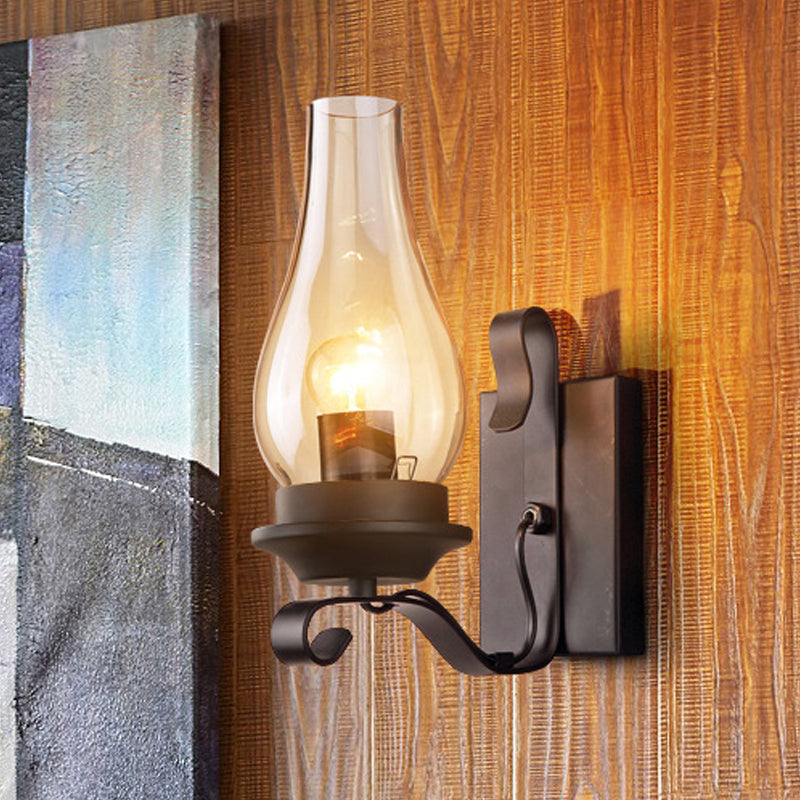 Vivolux | Einzelne Licht Amber Glas Wandlampe Vintage Stil Matt Schwarz Kerosin Wohnzimmer Wand Sconce mit gebogenem Arm