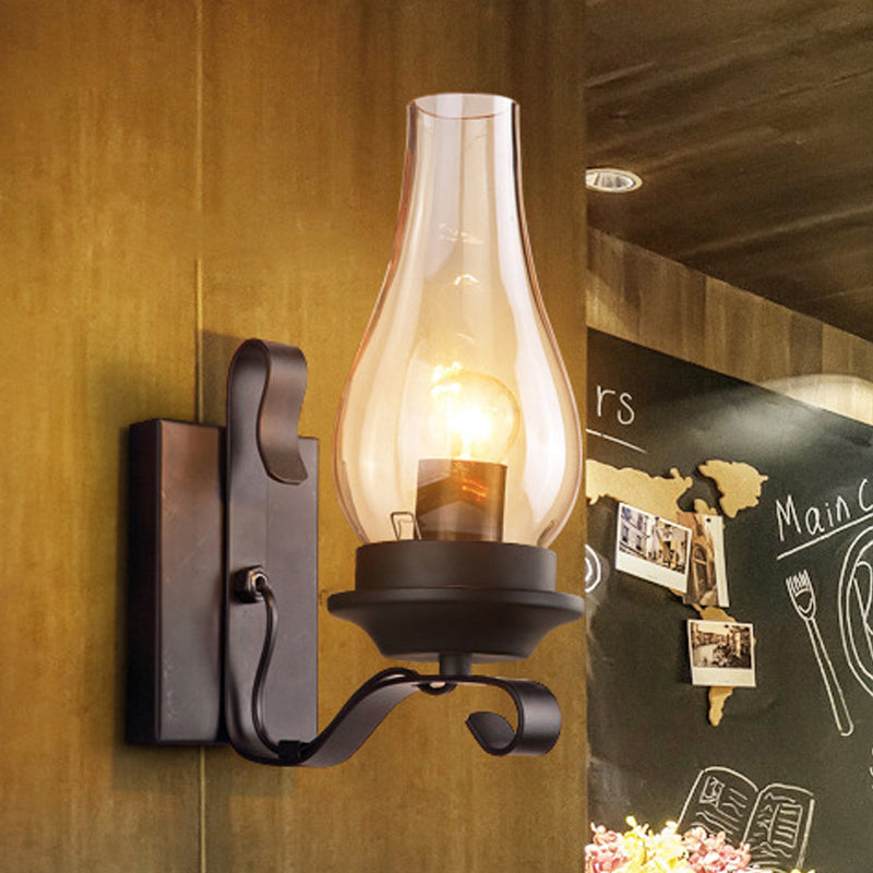 Vivolux | Einzelne Licht Amber Glas Wandlampe Vintage Stil Matt Schwarz Kerosin Wohnzimmer Wand Sconce mit gebogenem Arm