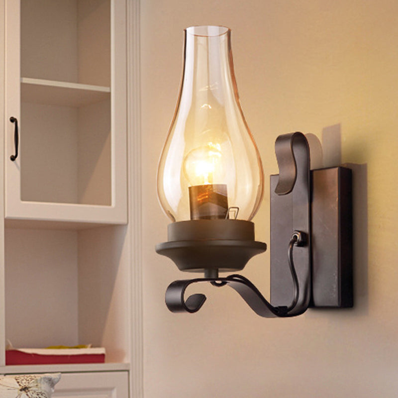 Vivolux | Einzelne Licht Amber Glas Wandlampe Vintage Stil Matt Schwarz Kerosin Wohnzimmer Wand Sconce mit gebogenem Arm